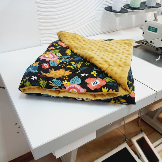 BIRDS 'N' FLOWERS WEIGHTED BLANKET WITH MUSTARD MINKY BACKING