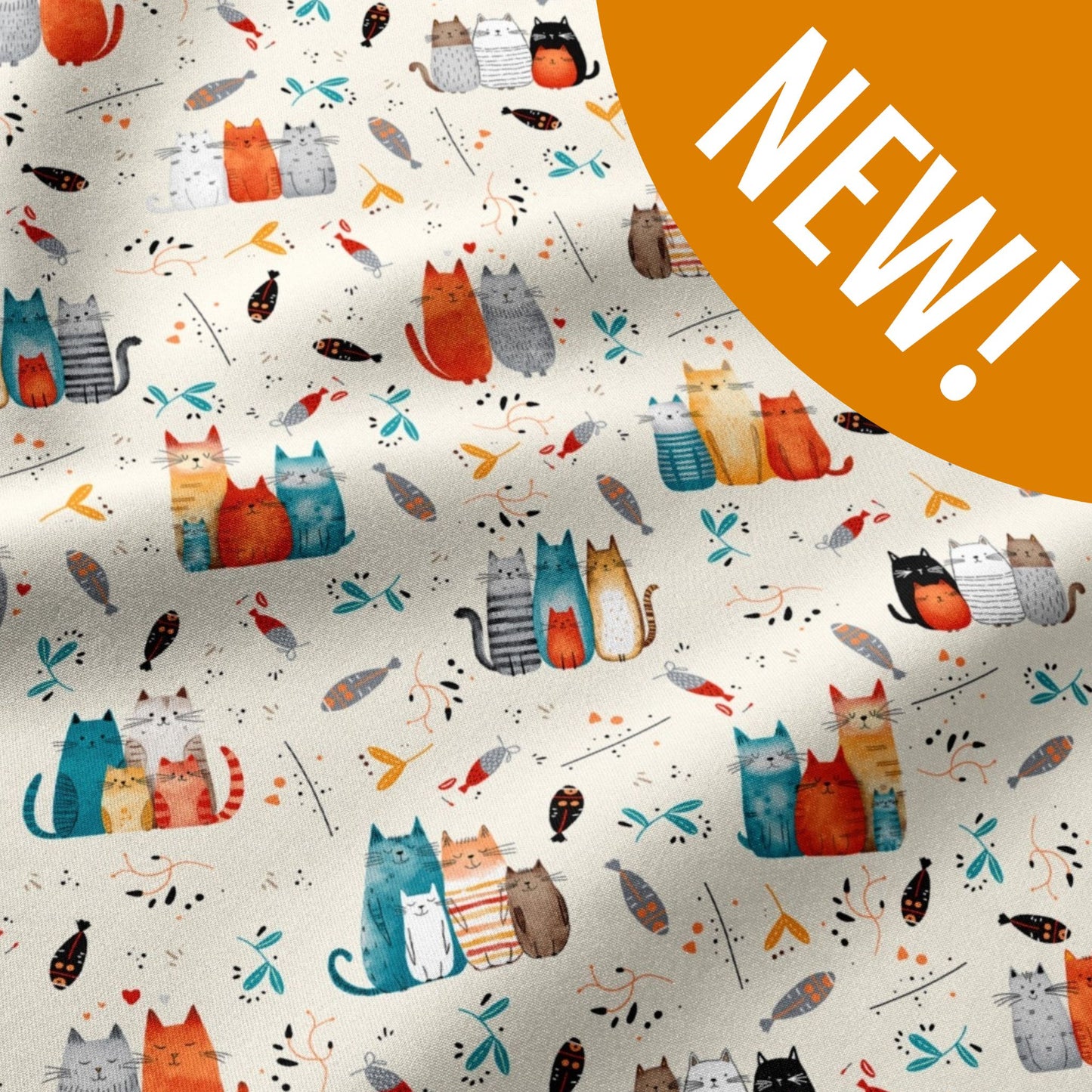 new cotton print with a family cats in different colours and shades 